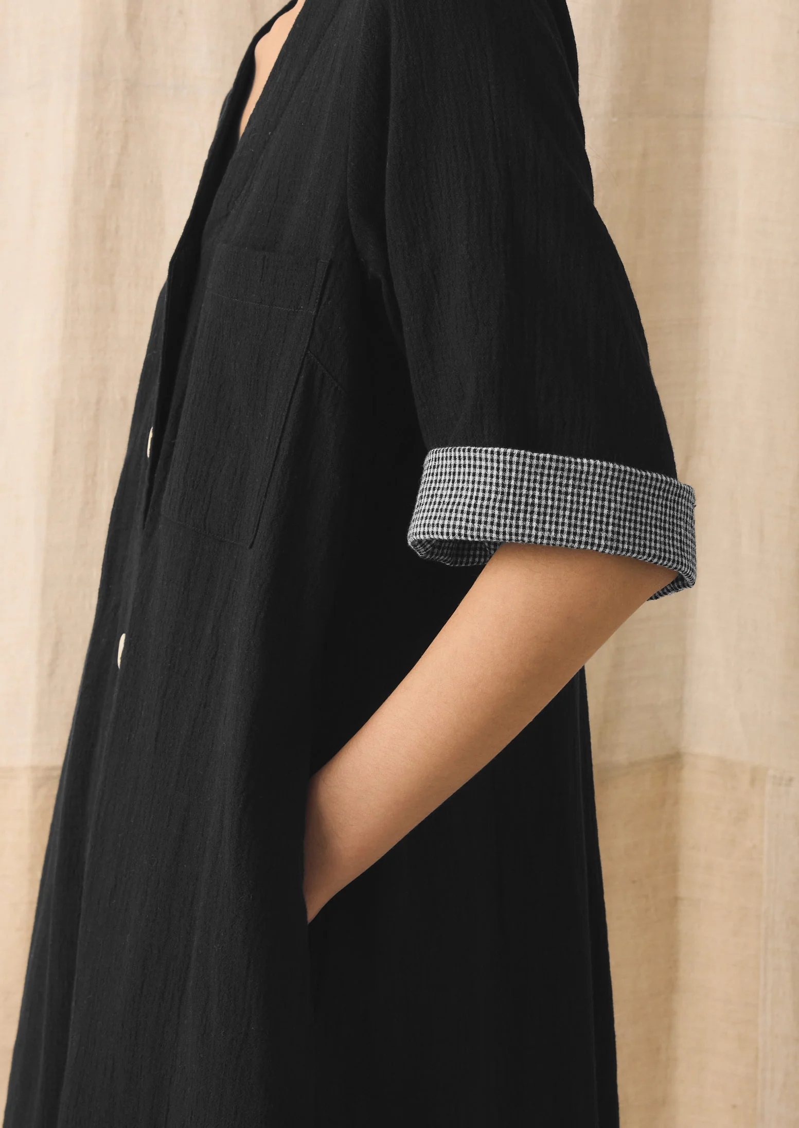 Button Front Crinkle Cotton Dress | Black - Image 3