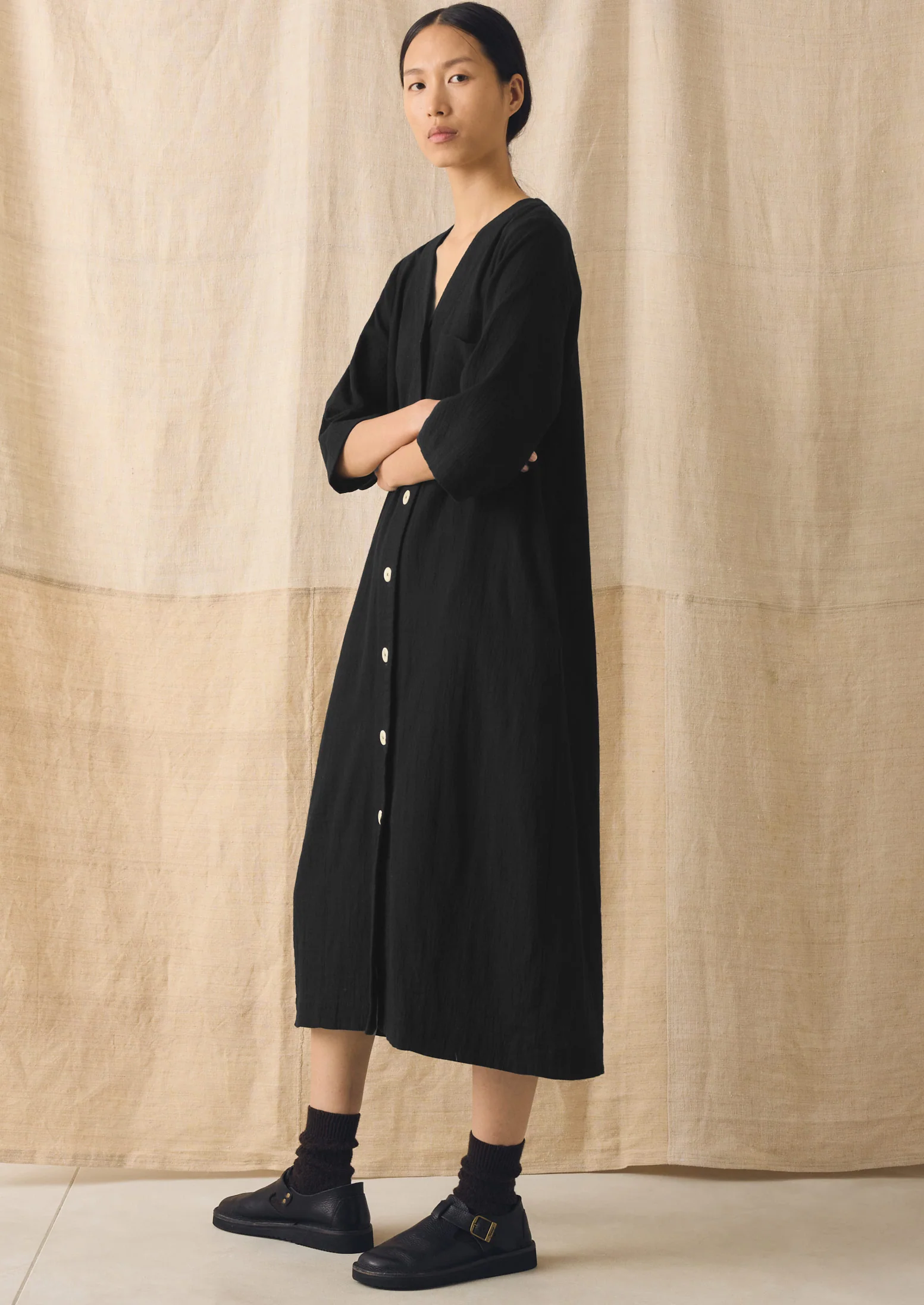 Button Front Crinkle Cotton Dress | Black - Image 4