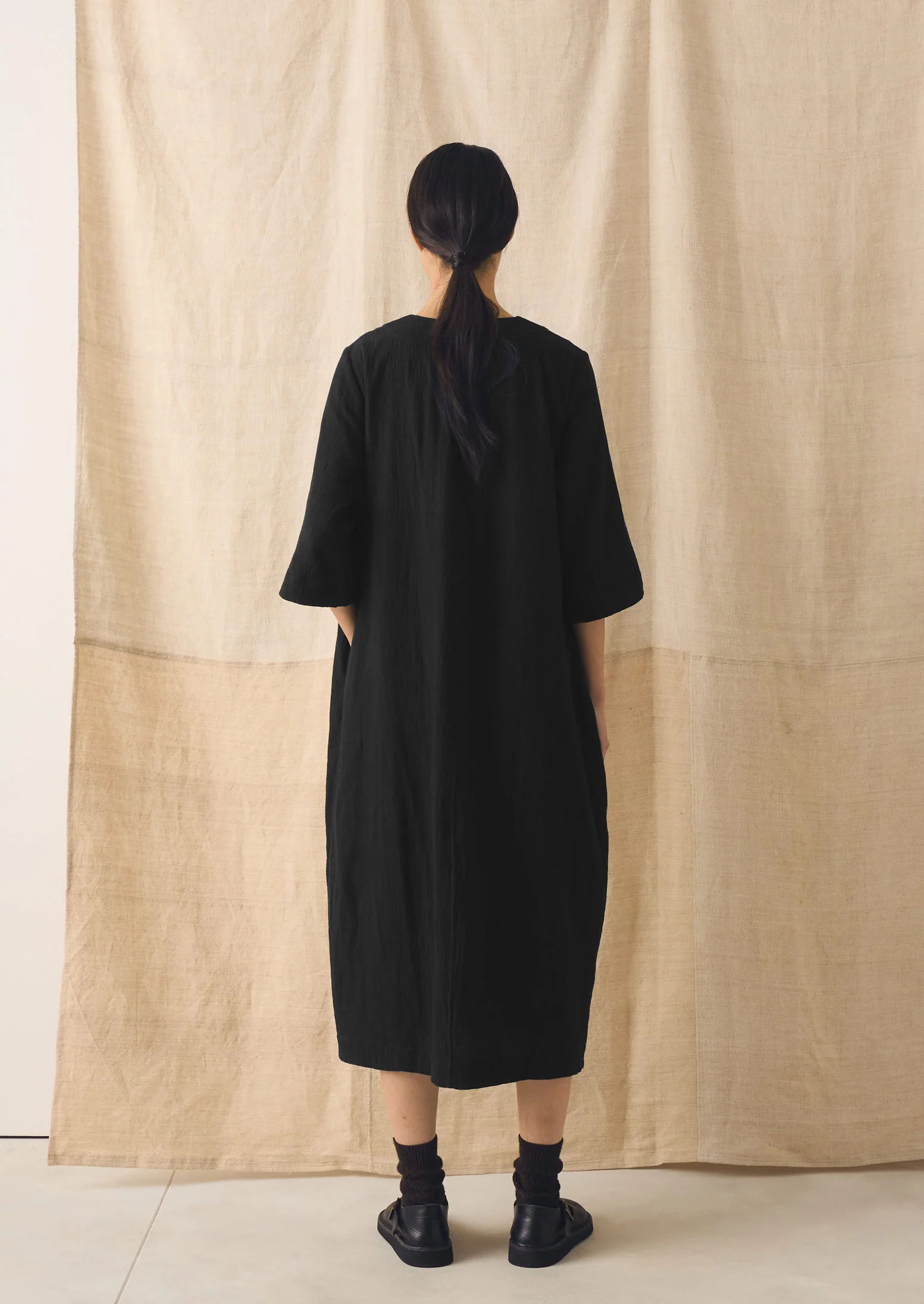 Button Front Crinkle Cotton Dress | Black - Image 5