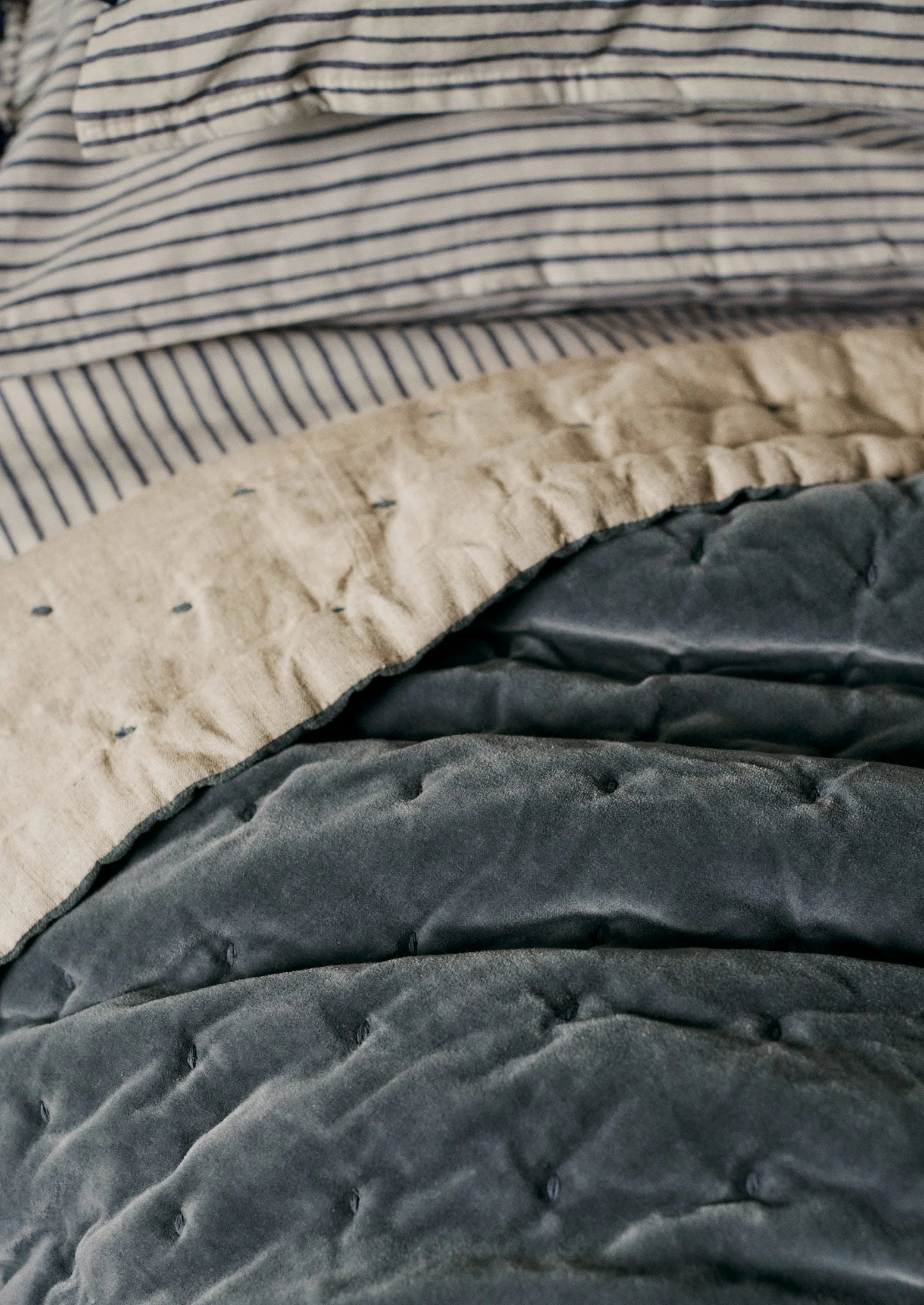 Hand Quilted Velvet Throw | Mineral Blue/Natural - Image 3