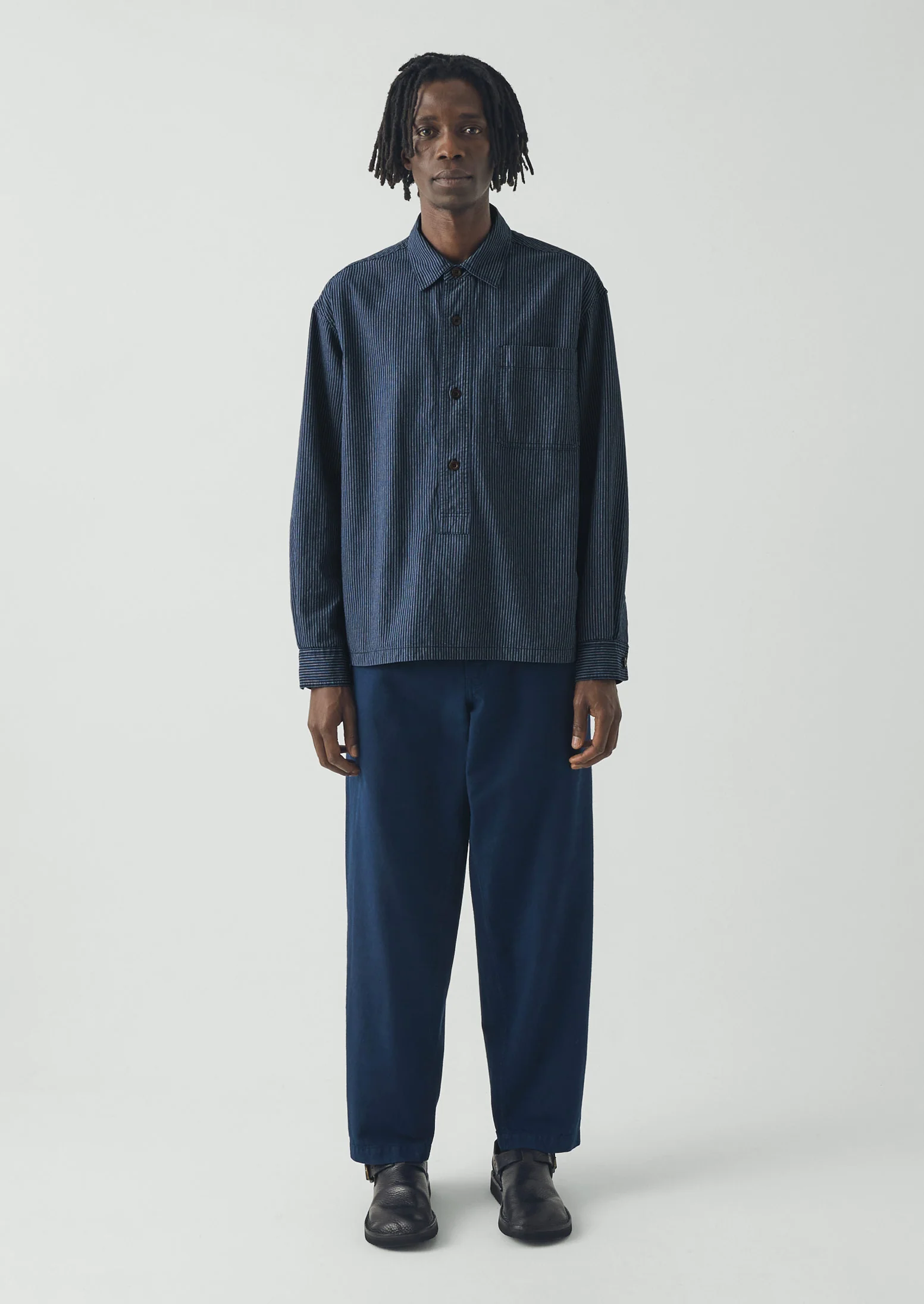 Railroad Stripe Cotton Shirt | Denim Blue - Image 3
