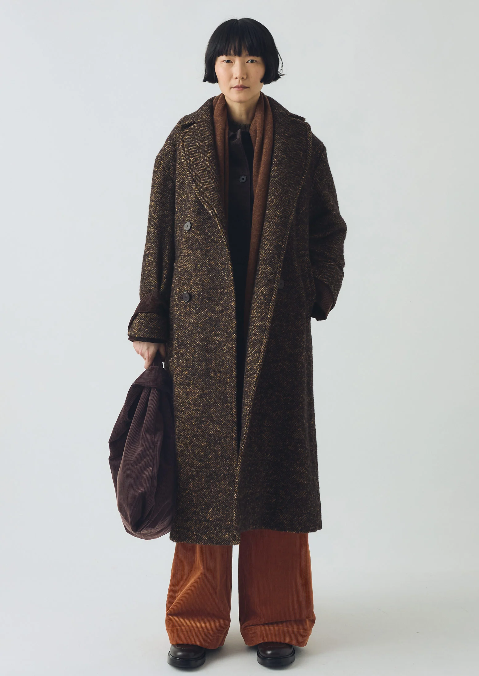 Wool Tweed Herringbone Coat | Brown/Black - Image 4