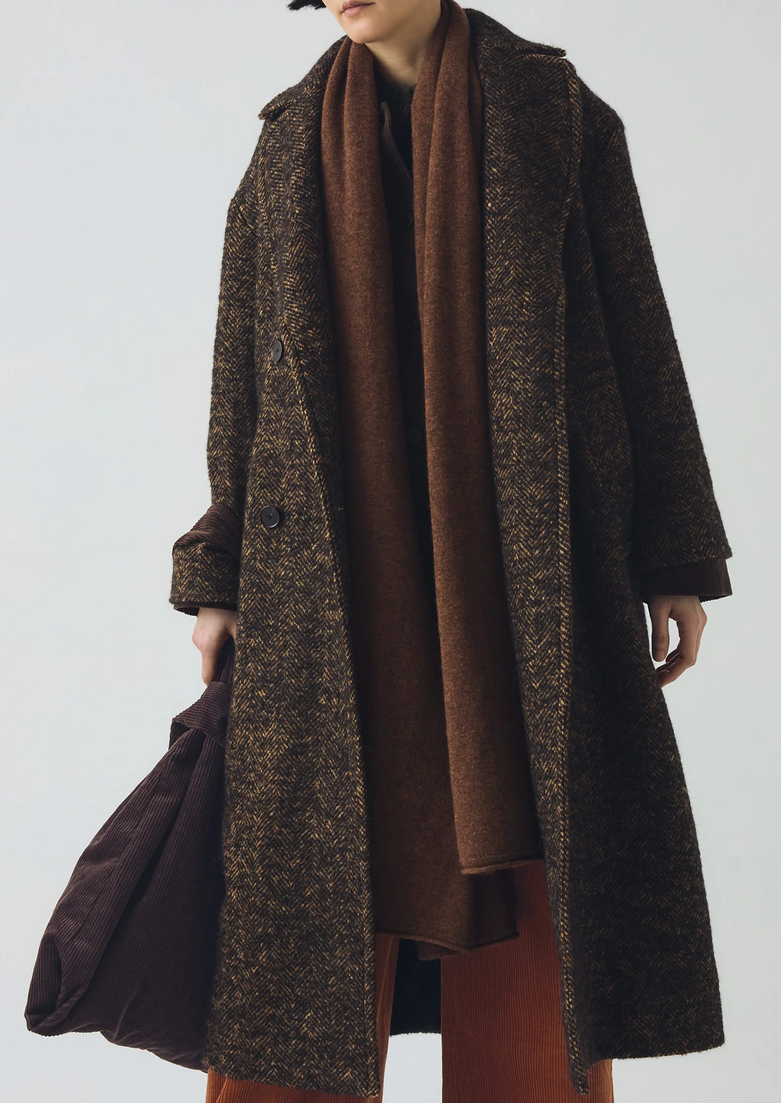 Wool Tweed Herringbone Coat | Brown/Black - Image 5